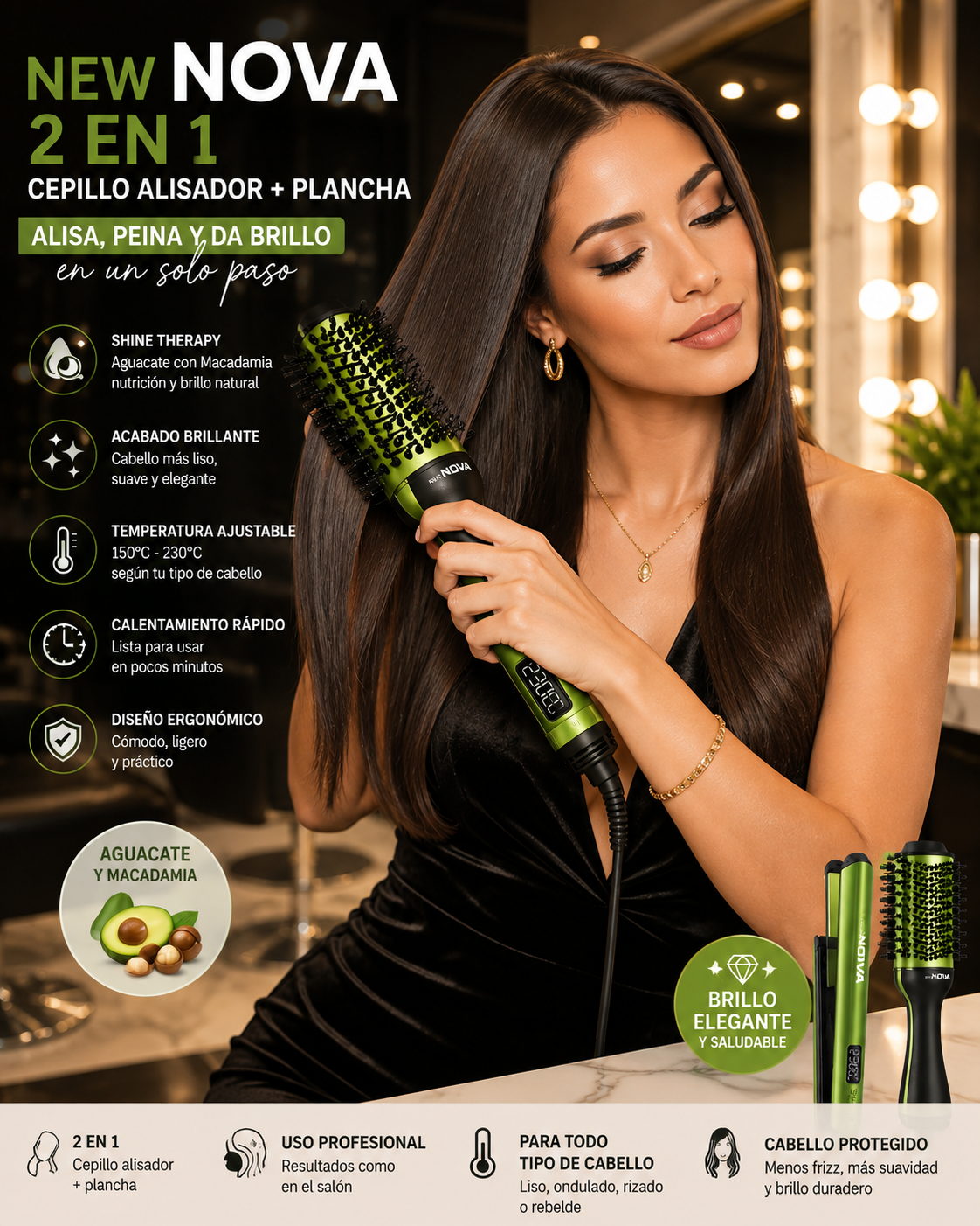 ✨ Cepillo Alisador y Plancha 2 en 1 NEW NOVA con Aguacate